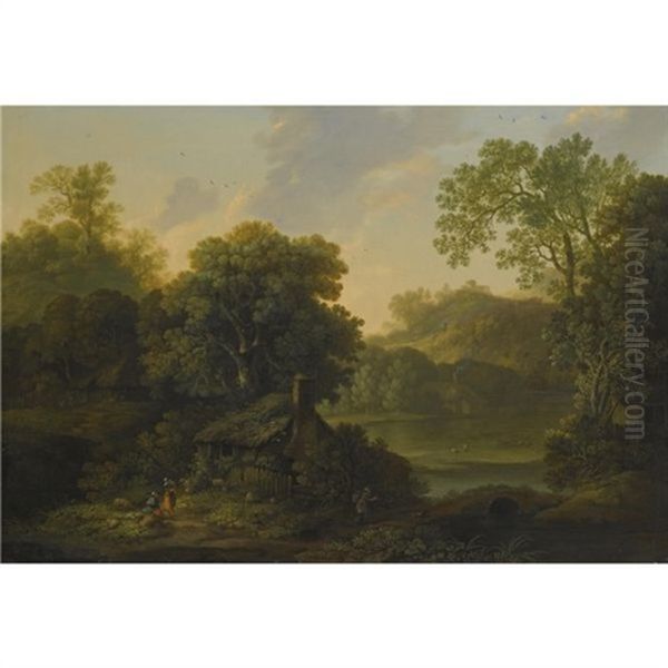 A Wooded Landscape With A Cottage And Figures By A Path - view 1