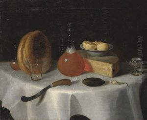 A Loaf Of Bread, A Flask Of Ale, A Wedge Of Cheese, A Knife And A Pickle On A Table