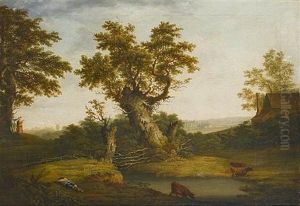 A Wooded River Landscape With Cattle Watering And Figures Resting On The Banks by George Smith of Chichester