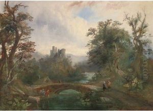 Figures By A Bridge With Hilltop Ruin Beyond by George Smith of Chichester
