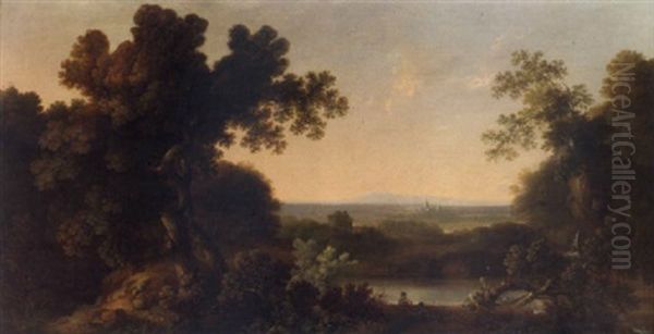A Wooded Landscape With Children Resting Beside A Lake In The Foreground, A View Of Chichester Beyond - view 1