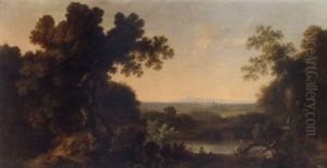 A Wooded Landscape With Children Resting Beside A Lake In The Foreground, A View Of Chichester Beyond by George Smith of Chichester
