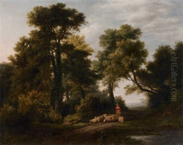 A Wooded Landscape With Shepherd And Flock - view 1