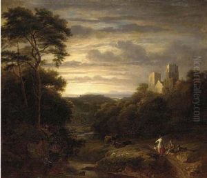 A Family Resting On A Track, An Abbey In An Extensive Landscape Beyond A Family Resting On A Track, An Abbey In An Extensive Landscape Beyond
