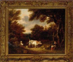 A Milkmaid Conversing On A Wooded Track by George Smith of Chichester