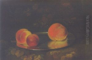 Peaches And A Plum On A Silver Dish