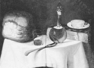 A Still Life Of Bread, Cheese, A Decanter And A Pie On A Table