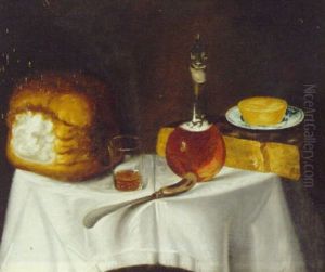 Bread, Beer, Cheese And A Knife On A Draped Table
