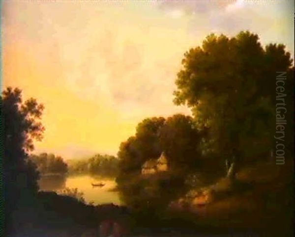 River Landscape With Fishermen And Distant Mountains - view 1