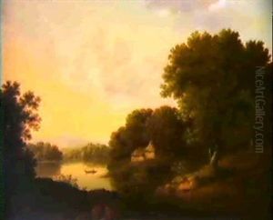River Landscape With Fishermen And Distant Mountains by George Smith of Chichester