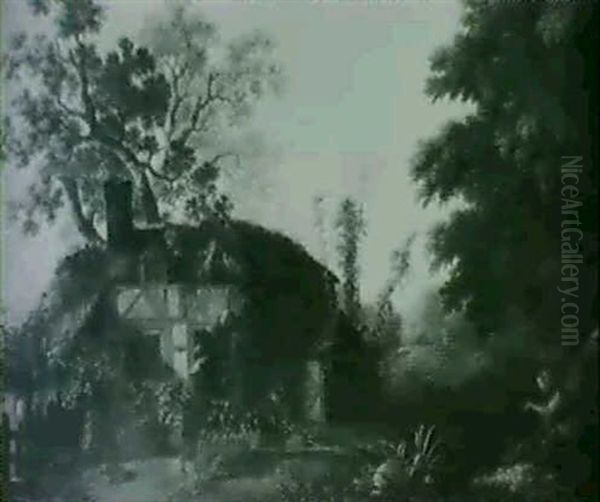 Figures In A Garden, A Thatched House Beyond - view 1