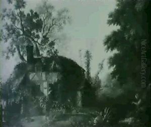 Figures In A Garden, A Thatched House Beyond