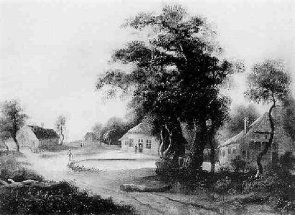 Figures Before Cottages And A Pond In A Wooded Landscape - view 1