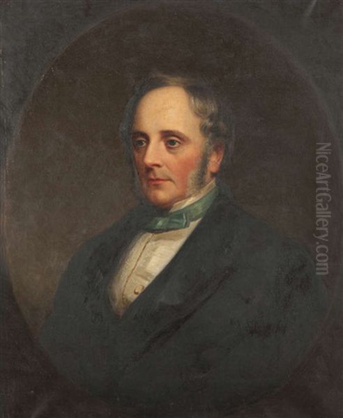 Portrait Of Sir Benjamin Lee Guinness Half Length, Wearing A Black Coat And Blue Bow Tie, In A Feigned Oval And Portrait Of Elizabeth Guinness, Wife Of Benjamin Lee Guinness Half Length,seated In Black Dress With A Black Mantilla (2 Works) - view 1