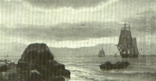 Ships Off The Coast At Sunset - view 1