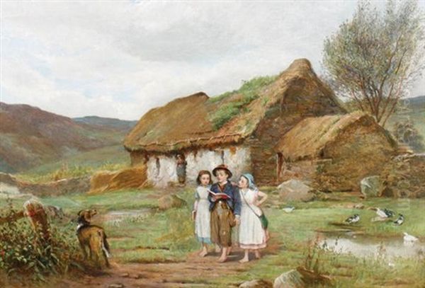 Children Reading Outside Cottage - view 1