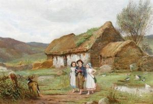 Children Reading Outside Cottage by Carlton Alfred Smith