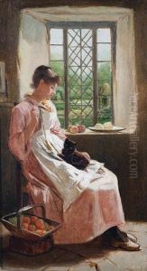 A Young Woman And Her Cat Seated By A Window by Carlton Alfred Smith
