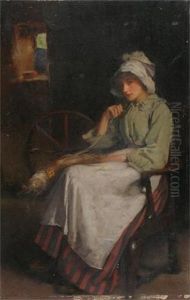A Girl Working At A Loom In A Cottage Interior