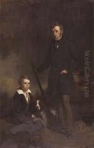 Portrait Of George Patrick Skene Of Pitlour And His Son With Guns And Dog by Colvin Smith