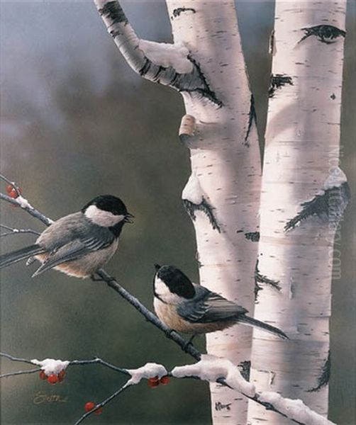 Chickadees By A Silver Birch Tree, Winter - view 1