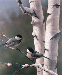 Chickadees By A Silver Birch Tree, Winter by Daniel Smith