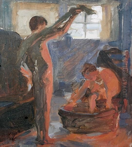 Study Of Boys Bathing By A Fire - view 1