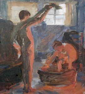 Study Of Boys Bathing By A Fire by Frank Bramley
