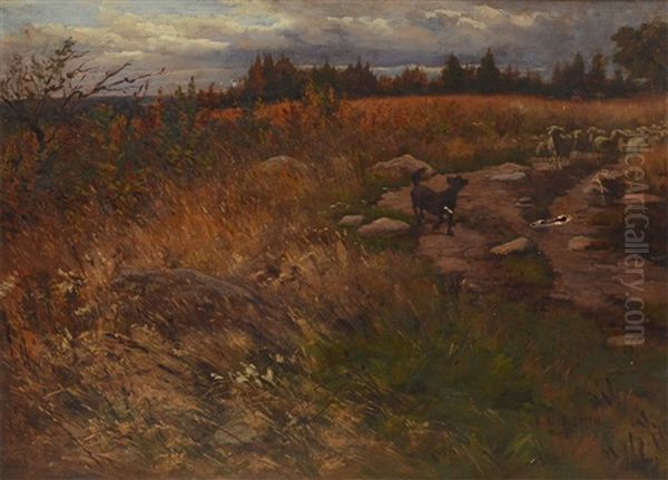 Autumnal Pastoral Landscape With A Dog & A Flock Of Sheep In A Trail - view 1