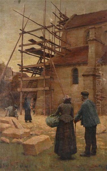 European Village Scene With Construction Scaffolding And Villagers Looking On - view 1