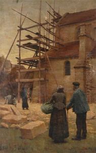 European Village Scene With Construction Scaffolding And Villagers Looking On by Elmer Boyd Smith
