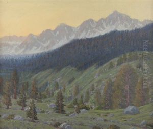 Trees In A Snow-capped Mountain Landscape by Ernest Browning Smith