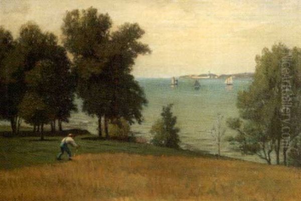 Landscape With A Man Scything Grass On A Hill Overlooking A Harbor - view 1