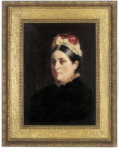 Portrait Of Eliza Horne In A Black Dress With Red Flowers In Her Hat by Garden Grant Smith