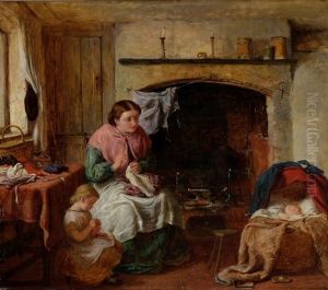 Interieur Mit Mutter Bei Der Naharbeit, Kleinem Madchen Und Kind In Der Wiege by George Smith