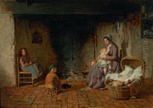 Interieur Mit Familie Am Kamin