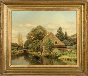 Cottage Near Stream With Figure And Ducks