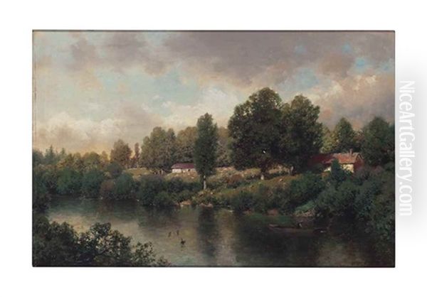 River Landscape With Ducks And Figure In A Boat - view 1
