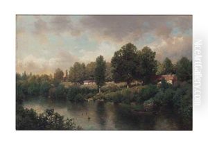River Landscape With Ducks And Figure In A Boat