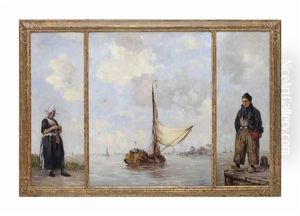 A Tryptych: A Vessel Sailing Near The Harbour (central Piece); And A Volendam Man; And A Volendam Woman At The Dock (outer Wings) by Hobbe Smith