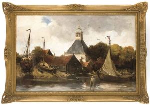 Kleine Dorfliche Werft Am Flus Mit Kirche Im Hintergrund