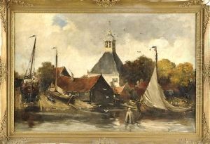 Kleine Dorfliche Werft Am Flus Mit Kirche Im Hintergrund