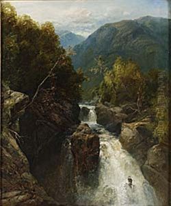 Hoglant Landskap Med Vattenfall by James Burrell Smith