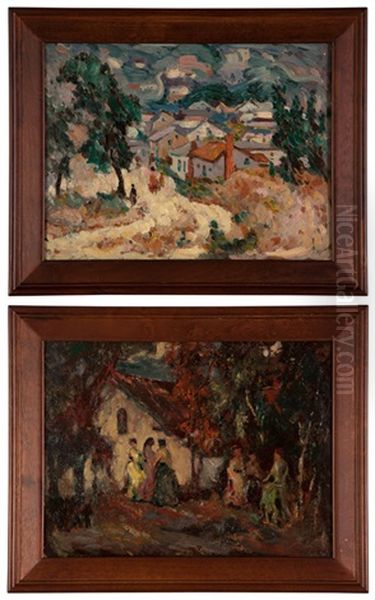 Figures Standing In Front Of A Building And Three Figures Overlooking A Town (2 Works) - view 1