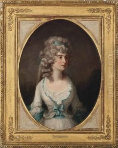 Portrait Of A Lady, Half-length, In A White Dress With Blue Trim Portrait Of A Lady, Half-length, In A White Dress With Blue Trim