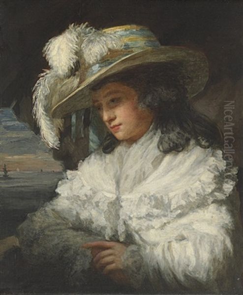 Portrait Of A Lady, Half-length, In A White Dress And Plumed Hat, A Seascape Beyond - view 1