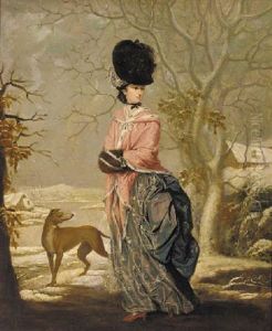 Winter - Portrait Of A Lady In A Blue Dress With Pink Wrap And Black Hat, In A Landscape With A Dog Winter - Portrait Of A Lady In A Blue Dress With Pink Wrap And Black Hat, In A Landscape With A Dog