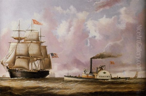 New York Harbor With Liverpool Packet "carolus Magnus" And Steam Tugboat "mercury" - view 1