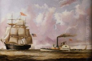 New York Harbor With Liverpool Packet "carolus Magnus" And Steam Tugboat "mercury" by Joseph B. Smith