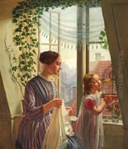 Interior With Mother And Child At The Window by Ludwig August Smith